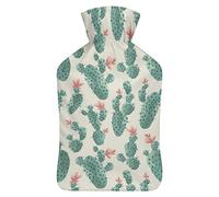 Botella de agua de goma con diseño de cactus con flores y cubierta de felpa suave, bolsa de agua caliente para invierno, manos y pies, protección contra el frío, 1000 ml