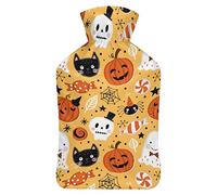 Botella de agua de goma con diseño de calabaza, fantasma, gato y calavera con cubierta de felpa suave, bolsa de agua caliente para invierno, protección contra el frío, 1000 ml