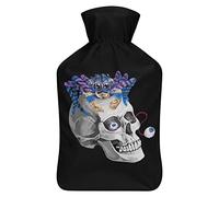 Botella de agua de goma con diseño de calavera de araña de pavo real con cubierta de felpa suave, bolsa de agua caliente para invierno, protección contra el frío, 1000 ml