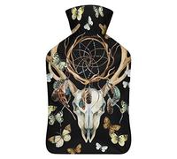 Botella de agua de goma con diseño de calavera de ciervo con atrapasueños y mariposa, con cubierta de felpa suave, bolsa de agua caliente para invierno, manos y pies, protección contra el frío, 1000 ml
