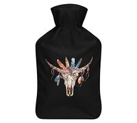 Botella de agua de goma con diseño de calavera de toro de acuarela con cubierta de felpa suave, bolsa de agua caliente para invierno, manos y pies, protección contra el frío, 1000 ml