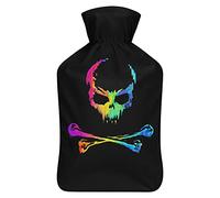 Botella de agua de goma con diseño de calavera pirata arcoíris con cubierta de felpa suave, bolsa de agua caliente para invierno, manos y pies, protección contra el frío, 1000 ml
