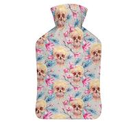 Botella de agua de goma con diseño de calavera vintage y plumas de pavo real de magnolia rosa con cubierta de felpa suave, bolsa de agua caliente para invierno, manos y pies, protección contra el frío, 1000 ml