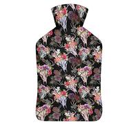 Botella de agua de goma con diseño de calaveras de ciervo con flores, con cubierta de felpa suave, bolsa de agua caliente para invierno, manos y pies, protección contra el frío, 1000 ml