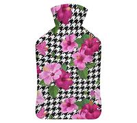 Botella de agua de goma con diseño de flor de hibisco tropical con cubierta de felpa suave, bolsa de agua caliente para invierno, manos y pies, protección contra el frío, 1000 ml