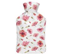 Botella de agua de goma con diseño de flores de amapola con cubierta de felpa suave, bolsa de agua caliente para invierno, manos y pies, protección contra el frío, 1000 ml