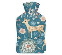 Botella de agua de goma con diseño de flores de ciervo, con cubierta de felpa suave, bolsa de agua caliente para invierno, manos y pies, protección contra el frío, 1000 ml