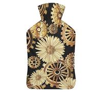 Botella de agua de goma con diseño de flores de manzanilla y engranajes steampunk, con cubierta de felpa suave, bolsa de agua caliente para invierno, manos y pies, protección contra el frío, 1000 ml