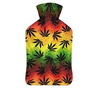 Botella de agua de goma con diseño de hoja de malas hierbas sobre fondo geométrico con cubierta de felpa suave, bolsa de agua caliente para invierno, manos y pies, protección contra el frío, 1000 ml