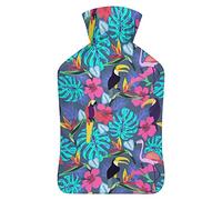 Botella de agua de goma con diseño de loro tucán con flores y cubierta de felpa suave, bolsa de agua caliente para invierno, manos y pies, protección contra el frío, 1000 ml