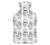 Botella de agua de goma con diseño de manos vintage con ojos que todo lo ven con cubierta de felpa suave, bolsa de agua caliente para invierno, protección contra el frío, 1000 ml