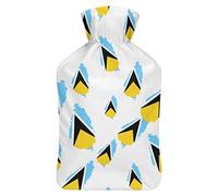 Botella de agua de goma con diseño de mapa de la bandera de Santa Lucía con cubierta de felpa suave, bolsa de agua caliente para invierno, manos y pies, protección contra el frío, 1000 ml
