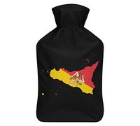 Botella de agua de goma con diseño de mapa de Sicilia con bandera con cubierta de felpa suave, bolsa de agua caliente para invierno, manos y pies, protección contra el frío, 1000 ml