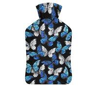 Botella de agua de goma con diseño de mariposas azules con cubierta de felpa suave, bolsa de agua caliente para invierno, protección contra el frío, 1000 ml