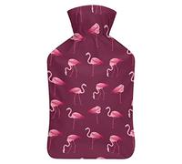 Botella de agua de goma con diseño de pájaro de flamenco rosa con cubierta de felpa suave, bolsa de agua caliente para invierno, manos y pies, protección contra el frío, 1000 ml