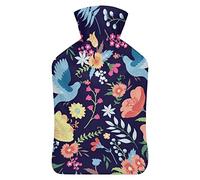 Botella de agua de goma con diseño de pájaros y flores con cubierta de felpa suave, bolsa de agua caliente para invierno, protección contra el frío, 1000 ml