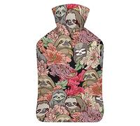 Botella de agua de goma con diseño de perezoso y flores con cubierta de felpa suave, bolsa de agua caliente para invierno, manos y pies, protección contra el frío, 1000 ml