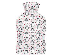 Botella de agua de goma con diseño de pingüino con corazón con cubierta de felpa suave, bolsa de agua caliente para invierno, manos y pies, protección contra el frío, 1000 ml
