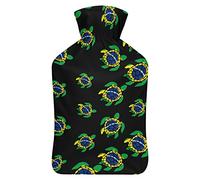 Botella de agua de goma con diseño de tortuga marina de la bandera de Brasil con cubierta de felpa suave, bolsa de agua caliente para invierno, manos y pies, protección contra el frío, 1000 ml