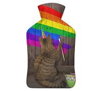 Botella de agua de goma con diseño de unicornio y gato, color beige, con cubierta de felpa suave, bolsa de agua caliente para invierno, manos y pies, protección contra el frío, 1000 ml