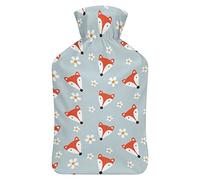 Botella de agua de goma con diseño de zorro y flores con funda de felpa suave, bolsa de agua caliente para invierno, protección contra el frío, 1000 ml
