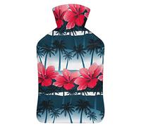 Botella de agua de goma con flores de hibisco tropicales con cubierta de felpa suave, bolsa de agua caliente para invierno, manos y pies, protección contra el frío, 1000 ml