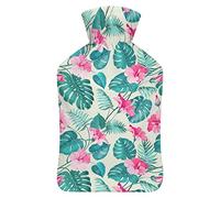 Botella de agua de goma con flores tropicales con cubierta de felpa suave, bolsa de agua caliente para invierno, manos y pies, protección contra el frío, 1000 ml