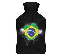Botella de agua de goma con la bandera de Brasil con cubierta de felpa suave, bolsa de agua caliente para invierno, manos y pies, protección contra el frío, 1000 ml