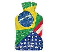 Botella de agua de goma con la bandera de Brasil y Estados Unidos con cubierta de felpa suave, bolsa de agua caliente para invierno, manos y pies, protección contra el frío, 1000 ml