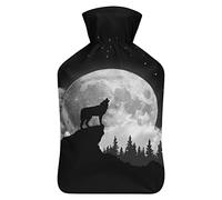 Botella de agua de goma con patrón de luna de lobo con cubierta de felpa suave, bolsa de agua caliente para invierno, manos y pies, protección contra el frío, 1000 ml