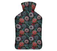 Botella de agua de goma con patrón de mandalas florales con cubierta de felpa suave, bolsa de agua caliente para invierno, manos y pies, protección contra el frío, 1000 ml