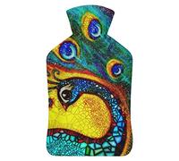 Botella de agua de goma con pintura de pavo real bailando con cubierta de felpa suave, bolsa de agua caliente para invierno, manos y pies, protección contra el frío, 1000 ml