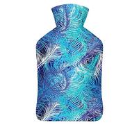 Botella de agua de goma con plumas de pavo real coloridas con cubierta de felpa suave, bolsa de agua caliente para invierno, manos y pies, protección contra el frío, 1000 ml