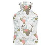 Botella de agua de goma de ciervo y flores con cubierta de felpa suave, bolsa de agua caliente para invierno, manos y pies, protección contra el frío, 1000 ml