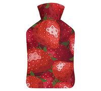 Botella de agua de goma de fresa roja dulce con cubierta de felpa suave, bolsa de agua caliente para invierno, manos y pies, protección contra el frío, 1000 ml