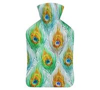 Botella de agua de goma de plumas de pavo real con cubierta de felpa suave, bolsa de agua caliente para invierno, protección contra el frío, 1000 ml