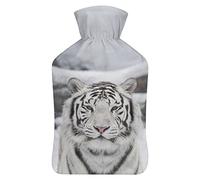 Botella de agua de goma de tigre blanco en la nieve con cubierta de felpa suave, bolsa de agua caliente para invierno, manos y pies, protección contra el frío, 1000 ml