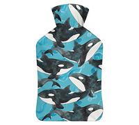 Botella de agua de goma Orcas de acuarela con cubierta de felpa suave, bolsa de agua caliente para invierno, protección contra el frío, 1000 ml