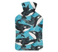 Botella de agua de goma Orcas de acuarela con cubierta de felpa suave, bolsa de agua caliente para invierno, protección contra el frío, 1000 ml
