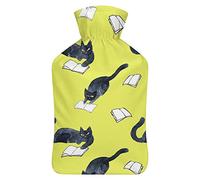 Botella de agua de goma para lectura de gatos negros con cubierta de felpa suave, bolsa de agua caliente para invierno, manos y pies, protección contra el frío, 1000 ml
