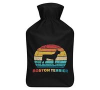 Botella de agua de goma vintage con diseño de silueta de Boston Terrier con cubierta de felpa suave, bolsa de agua caliente para invierno, manos y pies, protección contra el frío, 1000 ml