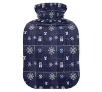 Botella de agua de punto de cruz de Navidad, copos de nieve y regalos en azul marino para agua caliente con cubierta suave, bolsas de agua caliente de 1 litro para calentador de manos y pies