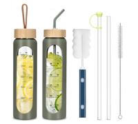 Botella de Agua de Vidrio,Botella 1 Litro Motivadora con Escala de Hidratación,A Prueba de Fugas y 2 Tapas Taza,Botellas de Vidrio Borosilicato con Funda de Silicona para Gym,Colegio,Oficina