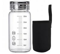 Botella de agua de vidrio de borosilicato de 300 ml con medidas, botella transparente pequeña con funda aislada y tapa de acero inoxidable, taza de agua de viaje