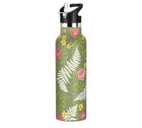 Botella de agua deportiva a prueba de fugas para niños y niñas, 20 onzas, sin BPA, flores botánicas vintage, color verde