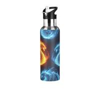 Botella de agua deportiva sin BPA con aislamiento de 32 onzas, botella de agua aislada para gimnasio, al aire libre, viajes, escuela, dragones, fuego y hielo