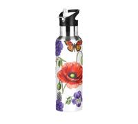 Botella de agua deportiva sin BPA de 32 onzas, botella de agua aislada de acero inoxidable con popote para gimnasio, al aire libre, viajes, escuela, flores silvestres botánicas, amapolas rojas