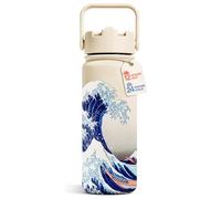 Botella de Agua Hokusai Gran Ola - Termo Deportivo Reutilizable 500 ml / 18oz de Acero Inoxidable con Aislamiento al Vacío, Pajita y Asa Portátil | Diseño Japonés Kawaii para Bebidas Frías y Calientes