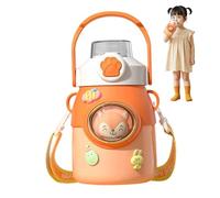 Botella de agua kawaii Botella de agua térmica de acero inoxidable de 650 ml con correa y pajita de silicona, base antideslizante y adhesivo para niñas, deportes viajes.