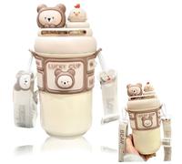 Botella de agua Kawaii, botella de aislamiento de acero inoxidable de 19 oz con paja y correa ajustable, lindas botellas de agua a prueba de fuga de conejo para niñas deportivas de campamento (Begie)